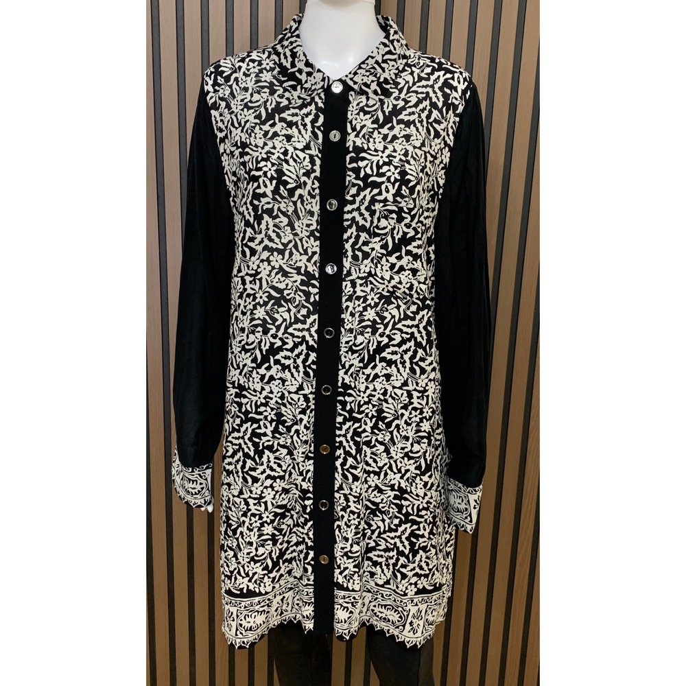 Soft Surroundings Black White Floral Button Down Tunic Shirt 1X Lagenlook